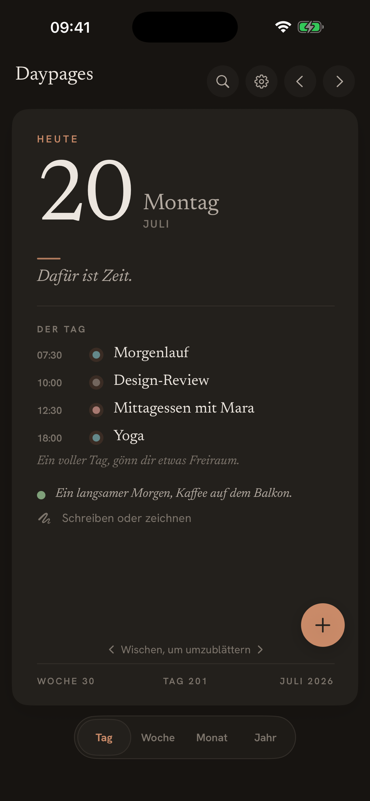 Daypages Tagesansicht im Dunkelmodus