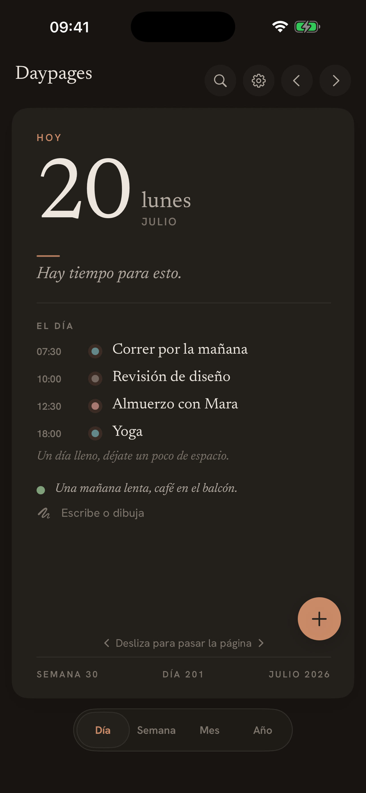 Vista de día de Daypages en modo oscuro