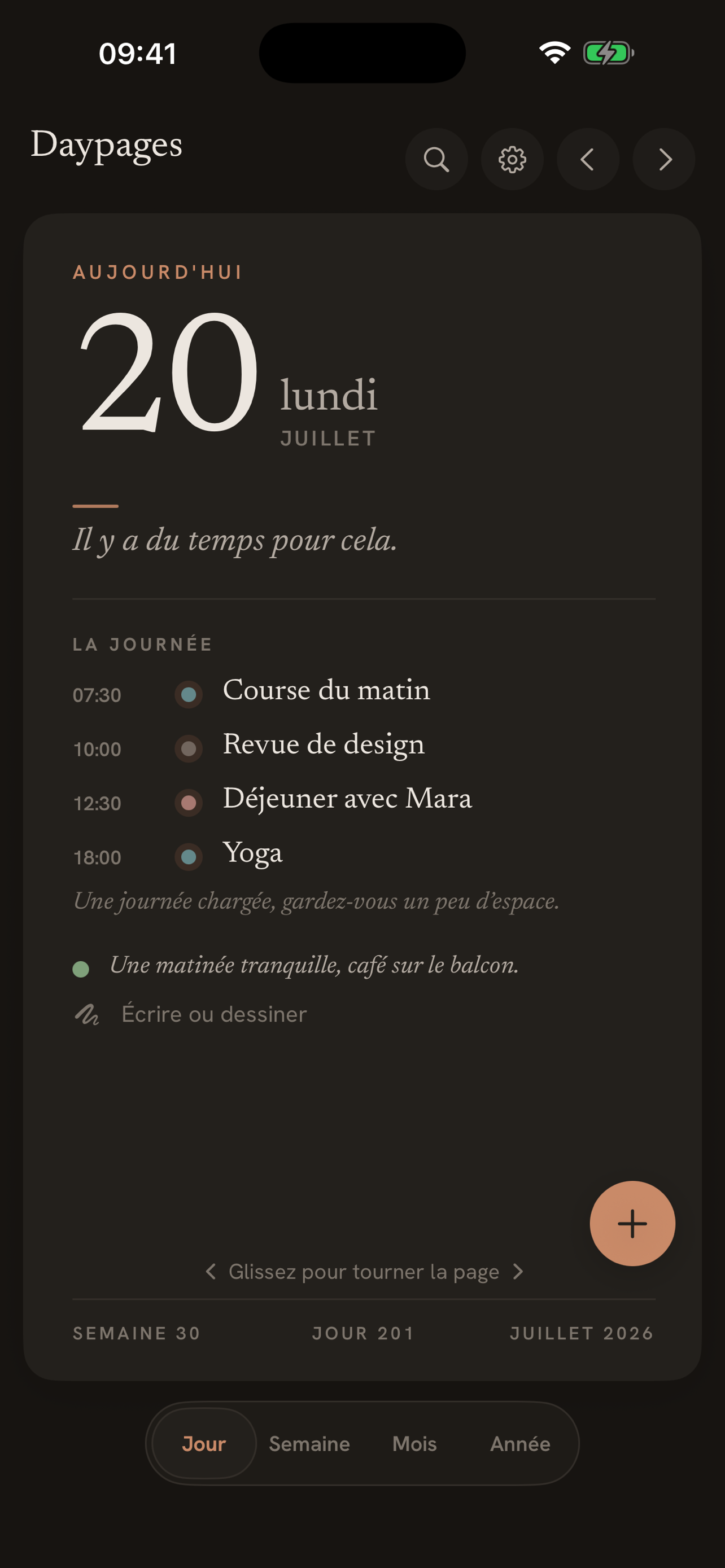 Vue du jour Daypages en mode sombre