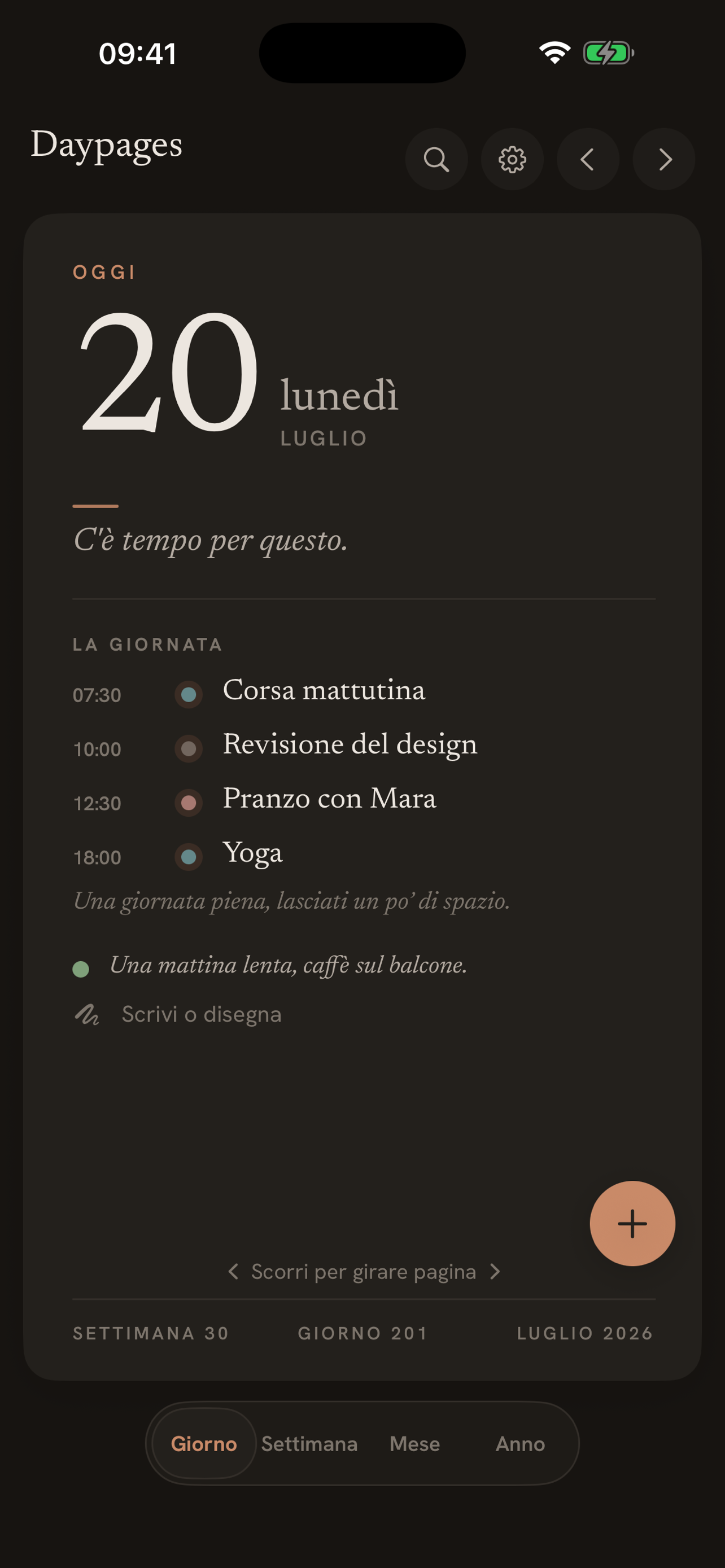Vista giornaliera di Daypages in modalità scura