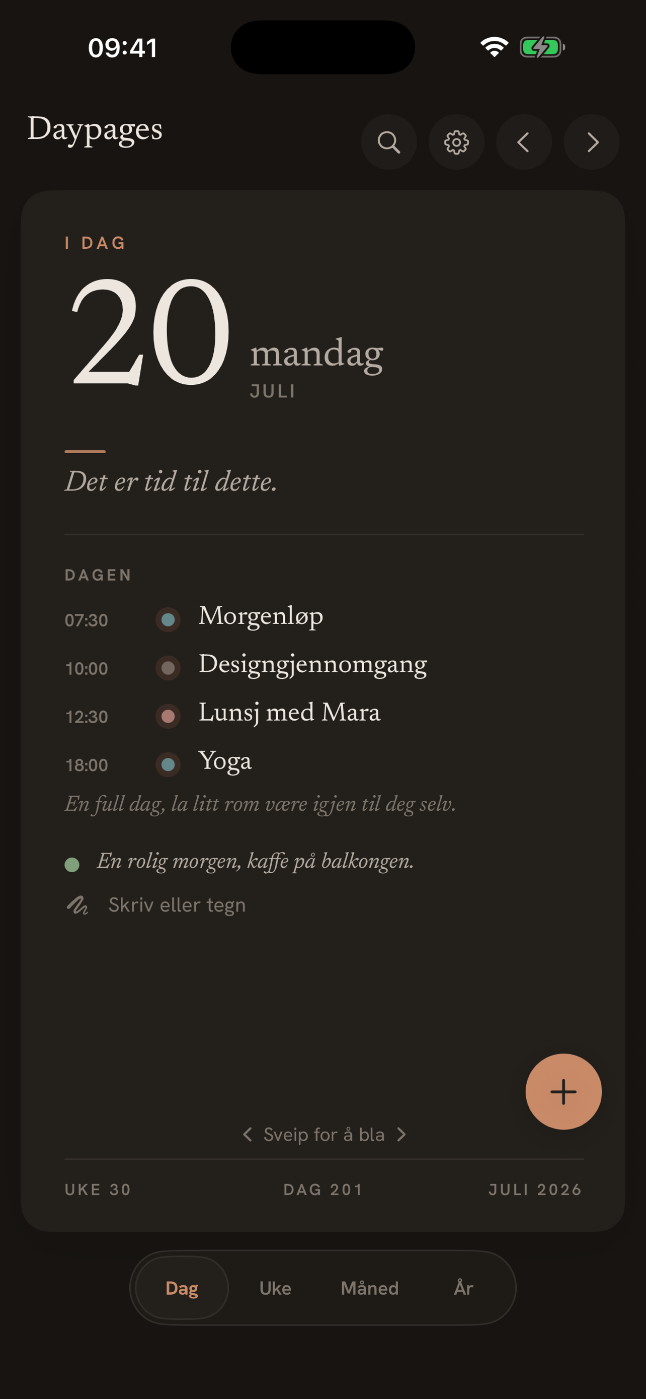 Daypages dagsvisning i mørk modus