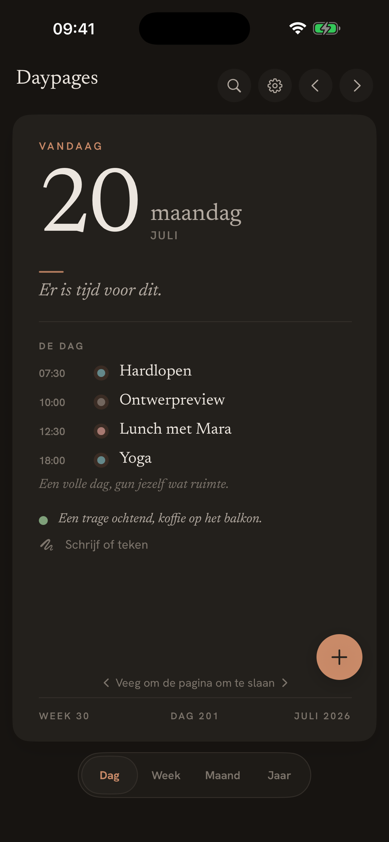 Daypages dagweergave in donkere modus