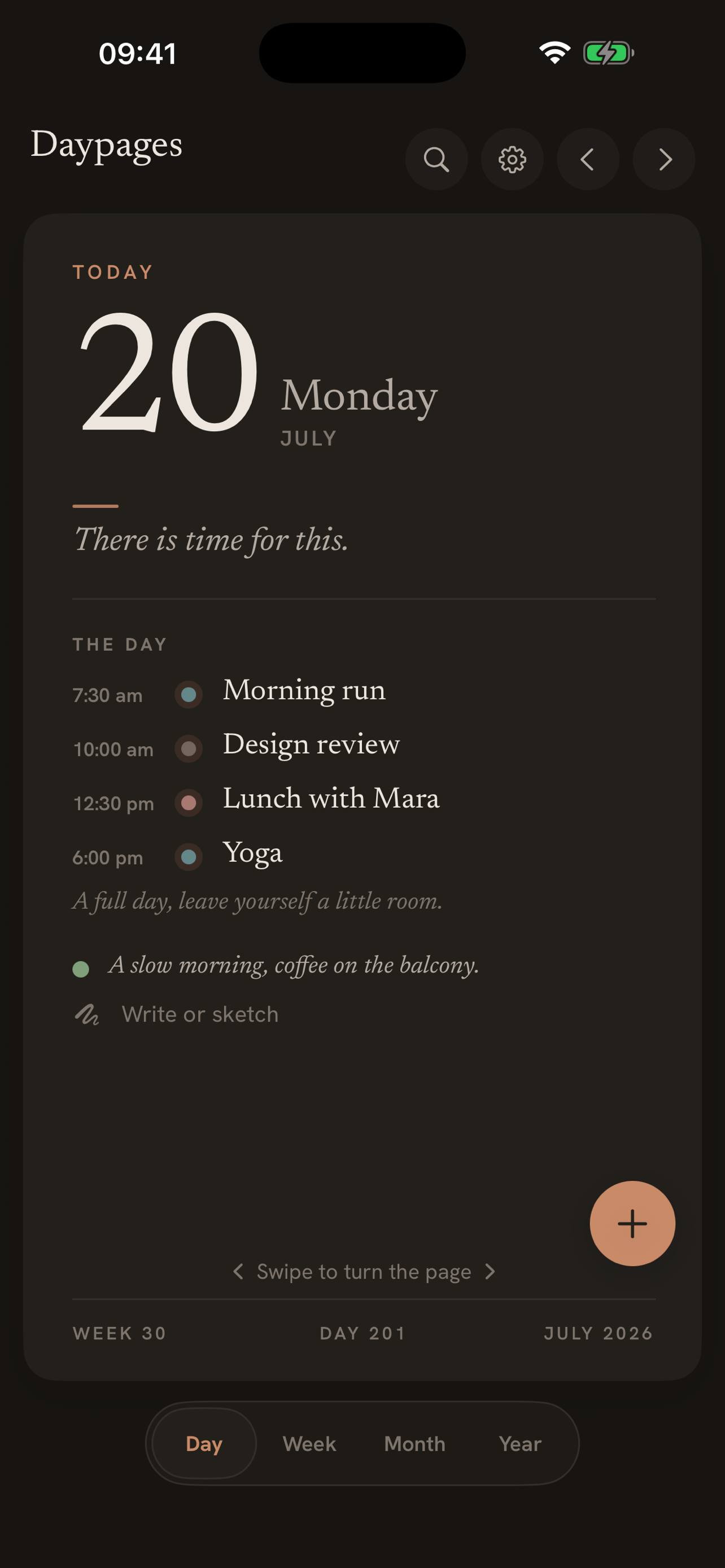 Daypages day view in dark mode