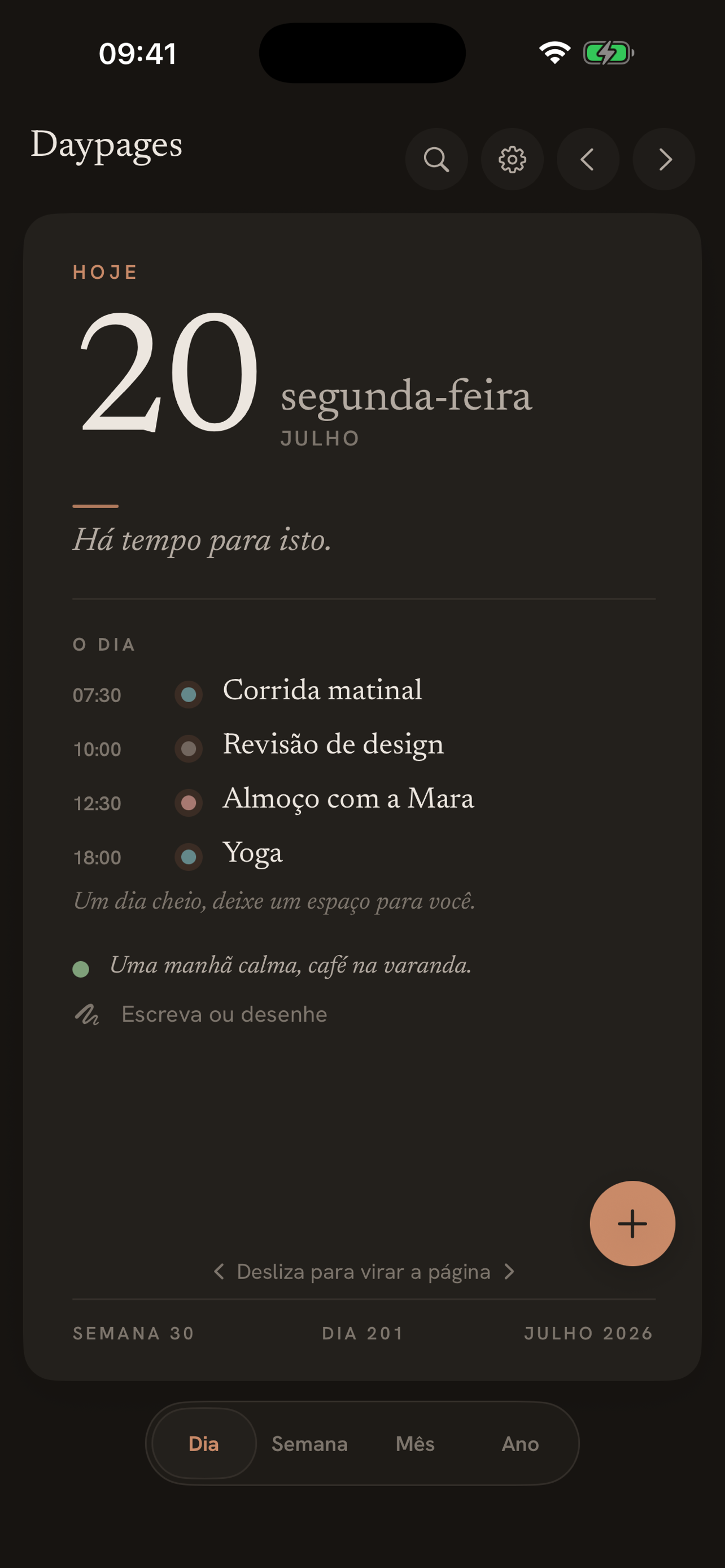 Vista de dia do Daypages em modo escuro