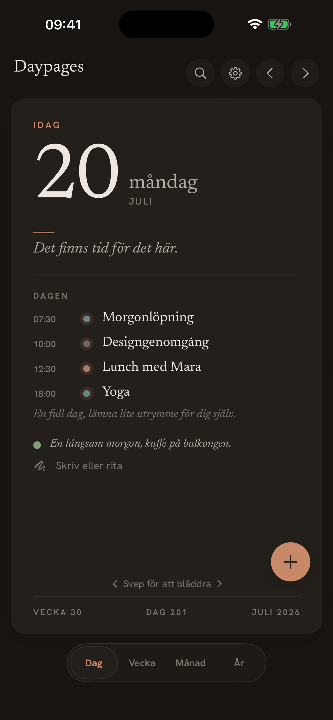 Daypages dagvy i mörkt läge