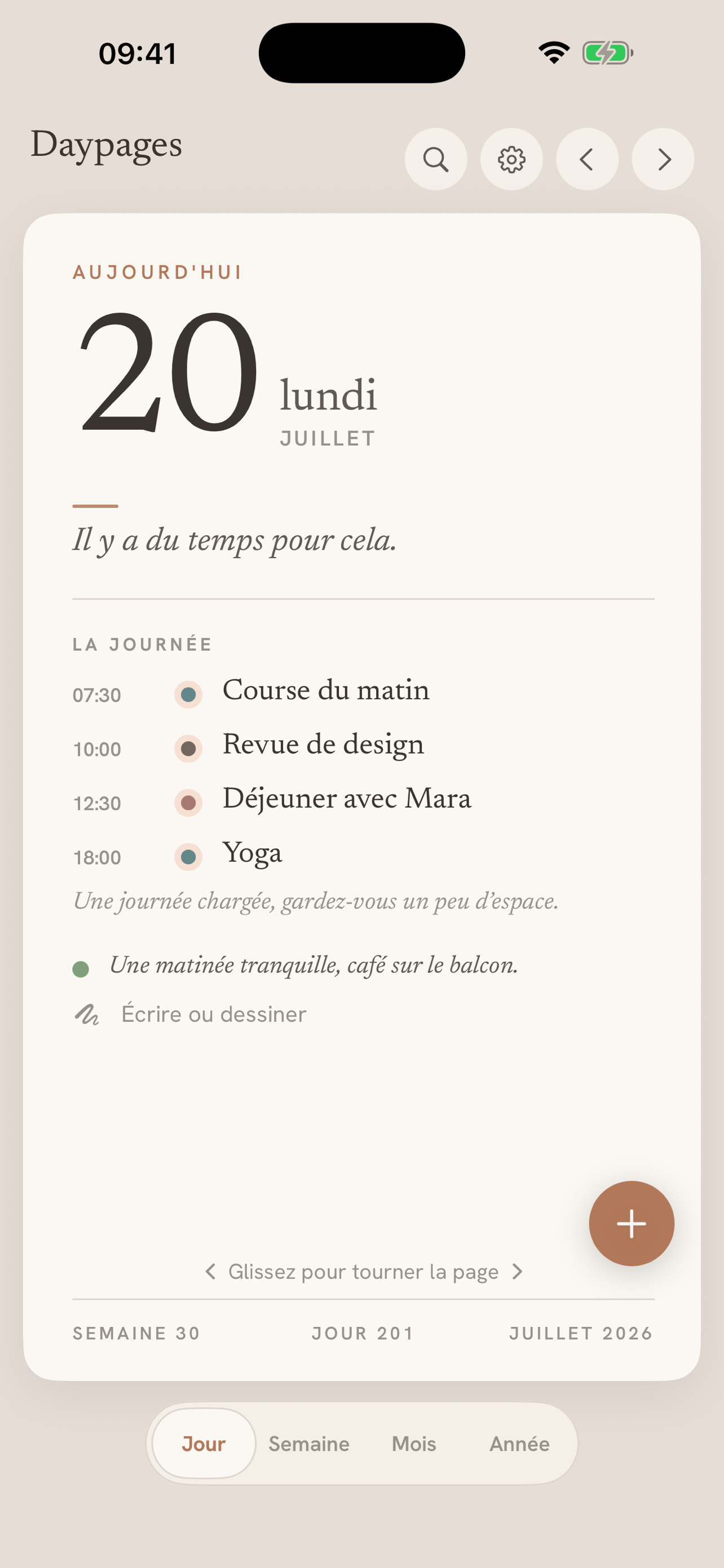 La vue du jour de Daypages, une page calme avec la date, les évènements du jour et une note de journal