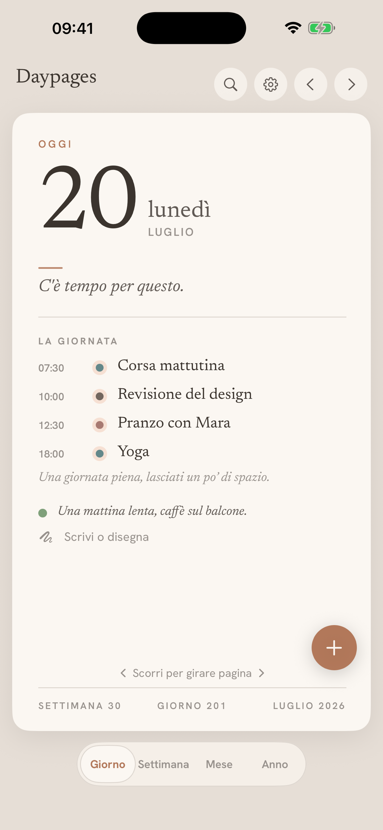 La vista giornaliera di Daypages, con una pagina serena che mostra la data, gli eventi del giorno e una nota di diario
