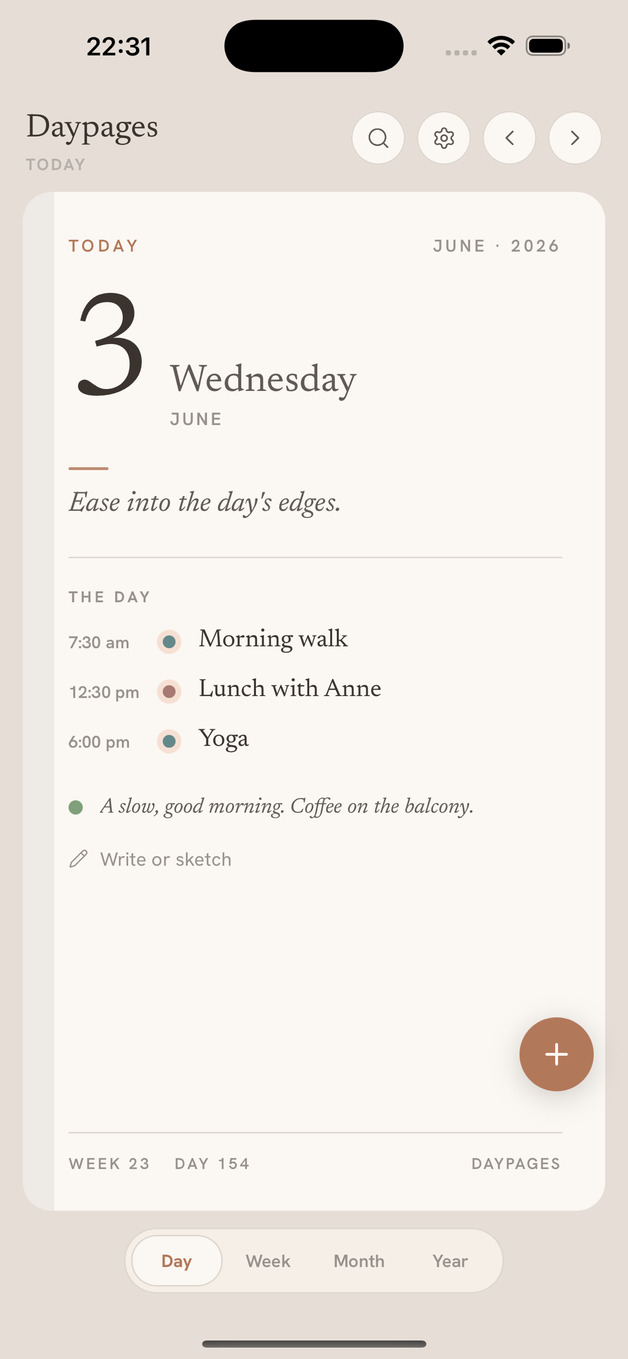 The Daypages day view, showing a calm page with the date, the day's events and a journal note
