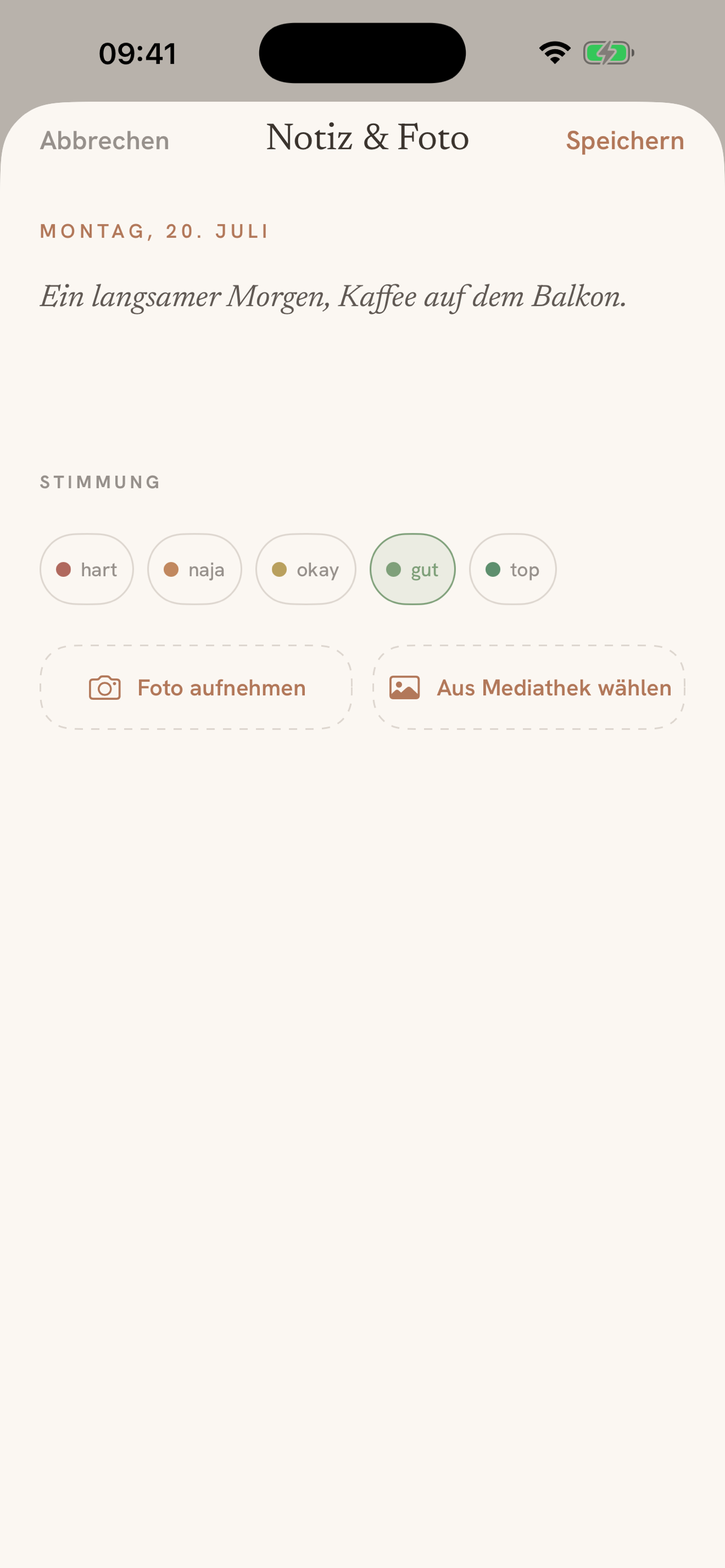 Daypages Erinnerungs-Editor mit einer Notiz, Stimmung und einem Foto