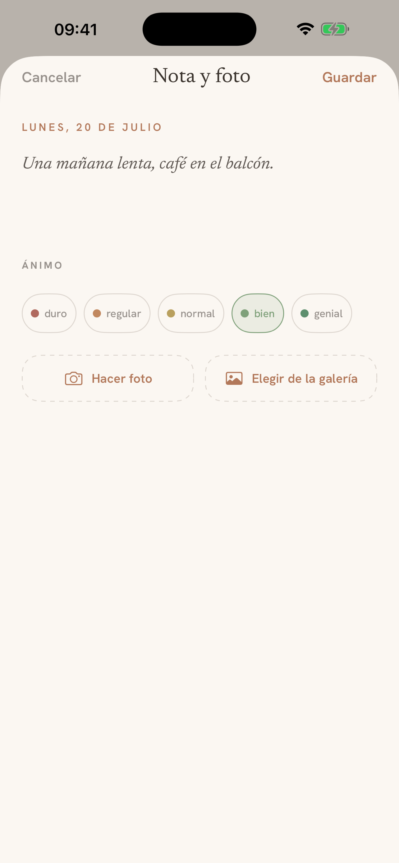 Editor de recuerdos de Daypages con una nota, un estado de ánimo y una foto