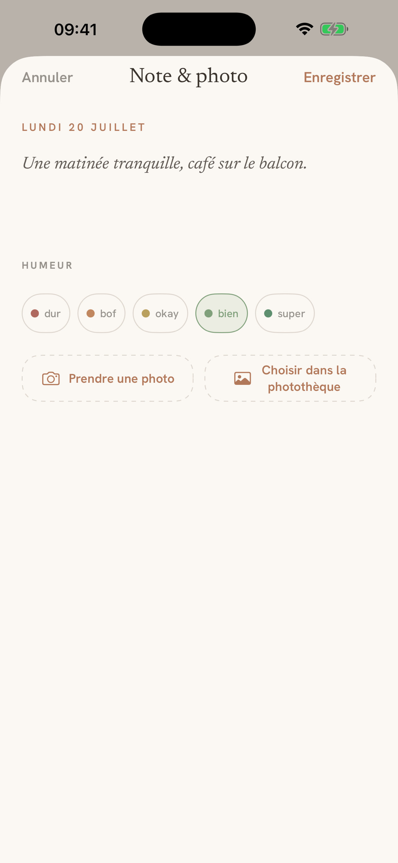 Éditeur de souvenirs Daypages avec une note, une humeur et une photo