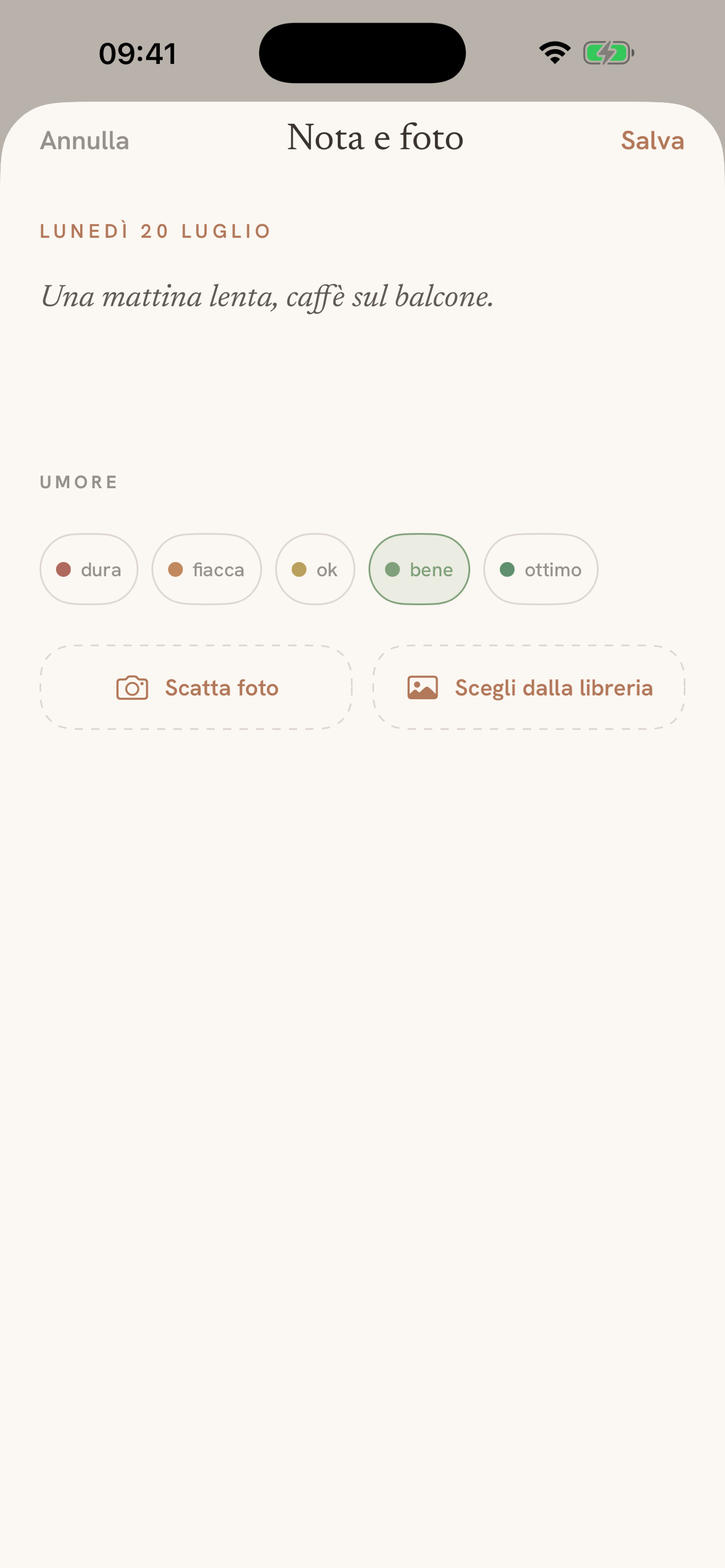 Editor dei ricordi di Daypages con una nota, un umore e una foto