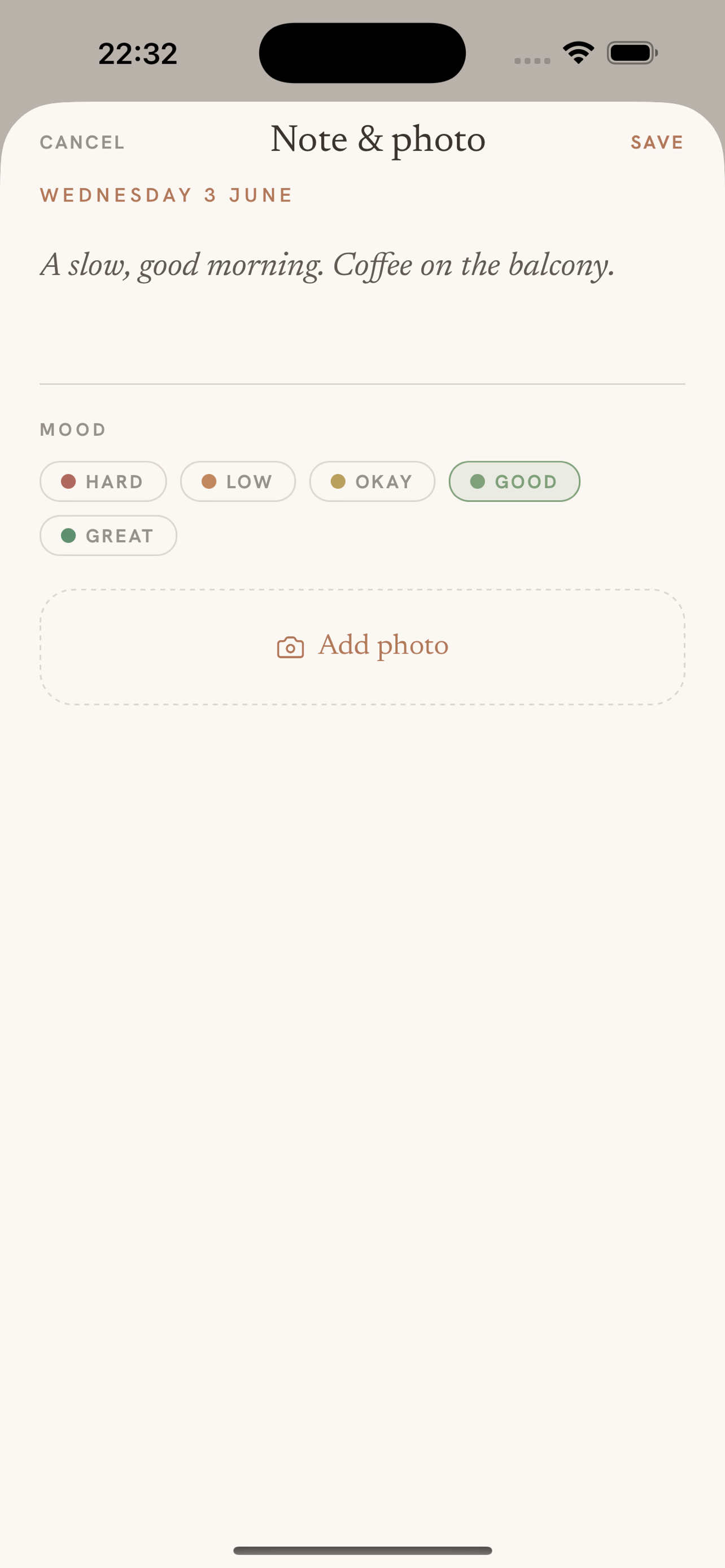 Daypages keepsake editor with a note, mood and photo
